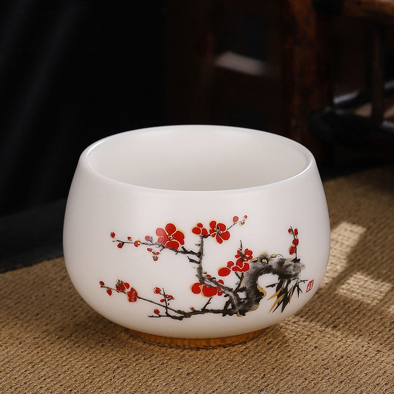Dragon Cicada Ceramic Tea Bowl - crimson plum blossom with bamboo and artist seal on ivory white chawan