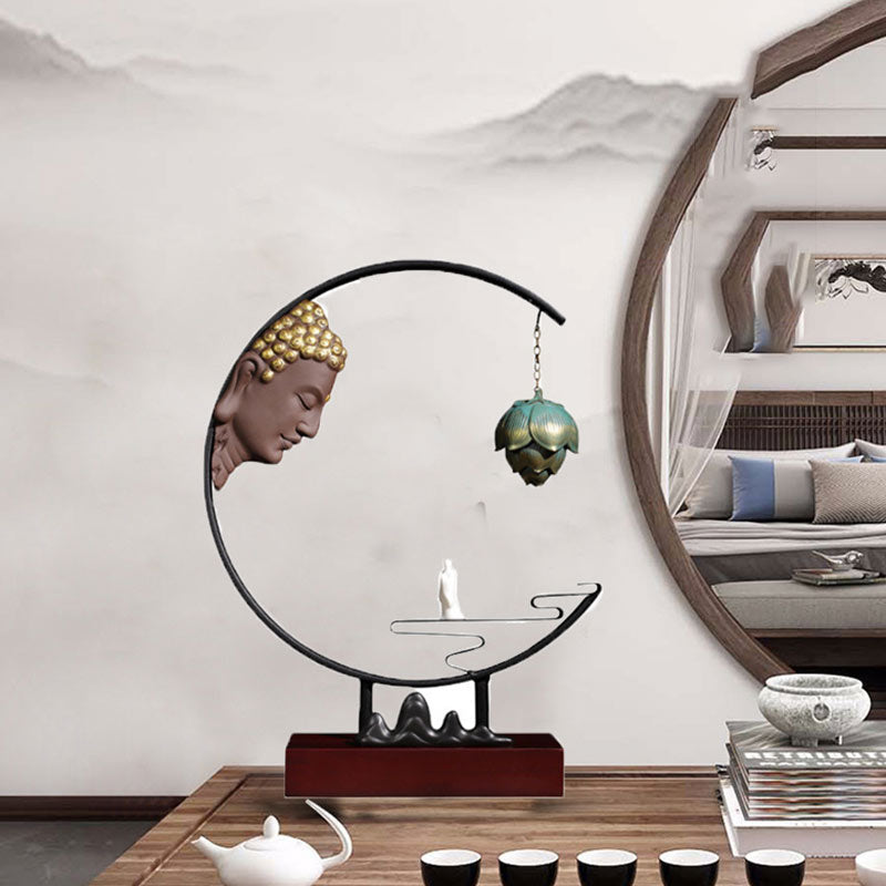 Lotus Hanging Incense Burner - Zen tableau with Buddha head, hanging lotus and tea set, lifestyle decor