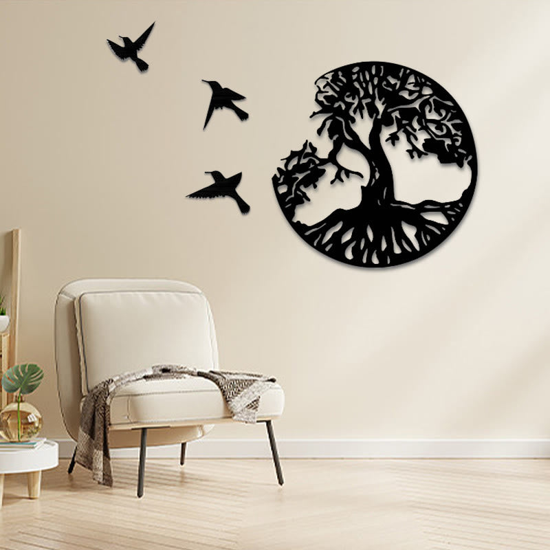 Tree of Life Birds Wall Art - black tree with three birds on cream wall above armchair with gray throw