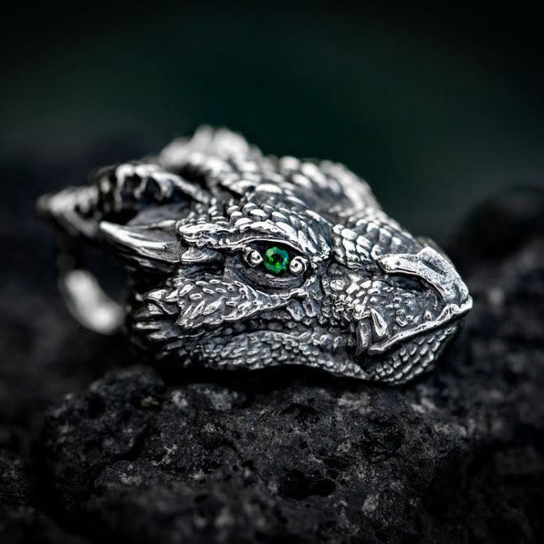 Pure Tin Dragon Head Necklace - Dragon head with green gemstone eye on lava rock, mystical luck pendant