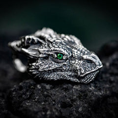 Pure Tin Dragon Head Necklace - Dragon head with green gemstone eye on lava rock, mystical luck pendant