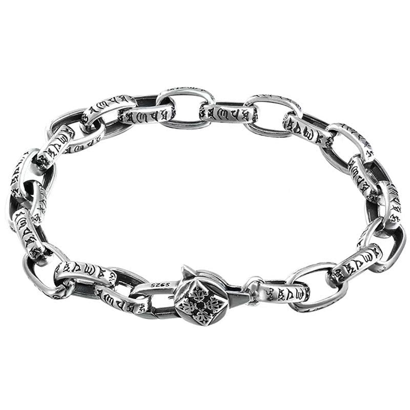 Om Mani Padme Hum Silver Bracelet – Full view on white background showing oval formation with S925 hallmark, Tibetan mantra engravings