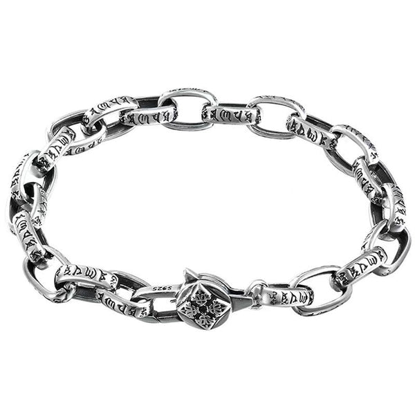 Om Mani Padme Hum Silver Bracelet – Full view on white background showing oval formation with S925 hallmark, Tibetan mantra engravings
