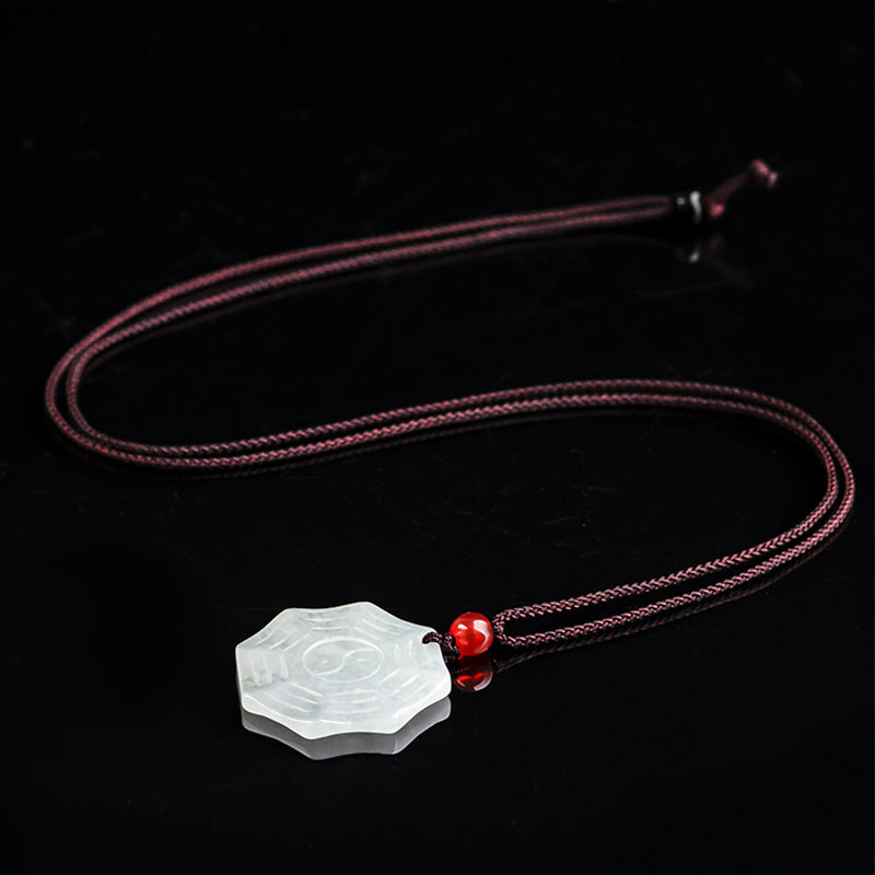 Natural Jade Bagua Yin Yang Luck Necklace - White jade bagua pendant on maroon cord with adjustable knot, taoist amulet