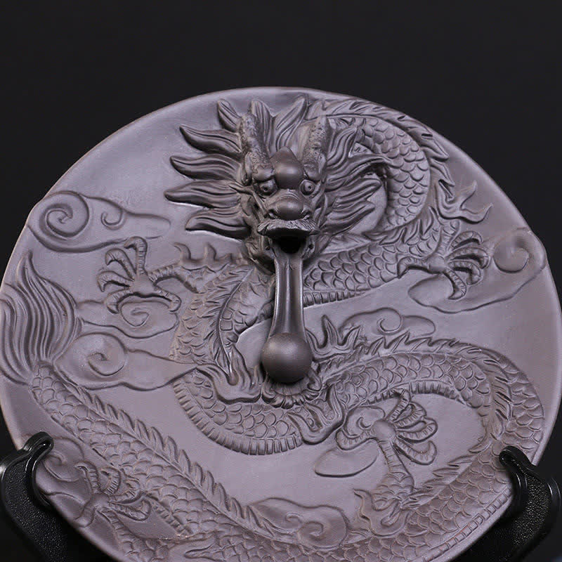 Matte Black Dragon Backflow Burner close-up, smoke channel tube, carved dragon head, zisha ceramic