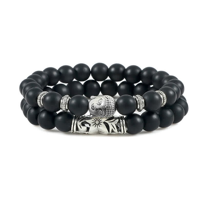 Natural Agate Buddha Protection Bracelet – Matte black frosted stone beads with silver Buddha charm on white, protection jewe
