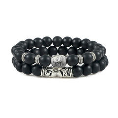 Natural Agate Buddha Protection Bracelet – Matte black frosted stone beads with silver Buddha charm on white, protection jewe