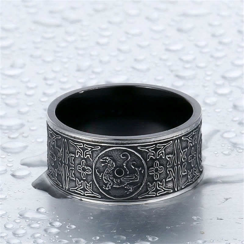 Four Guardian Beasts Ring – oxidized silver dragon with geometric borders, Durable