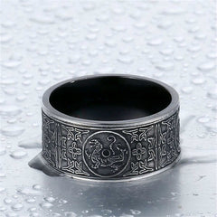 Four Guardian Beasts Ring – oxidized silver dragon with geometric borders, Durable