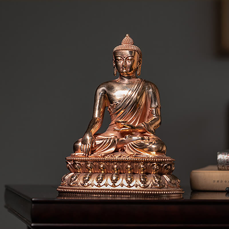 Shakyamuni Copper Statue – rear view of sanghati robe draping over lotus base, copper casting detail