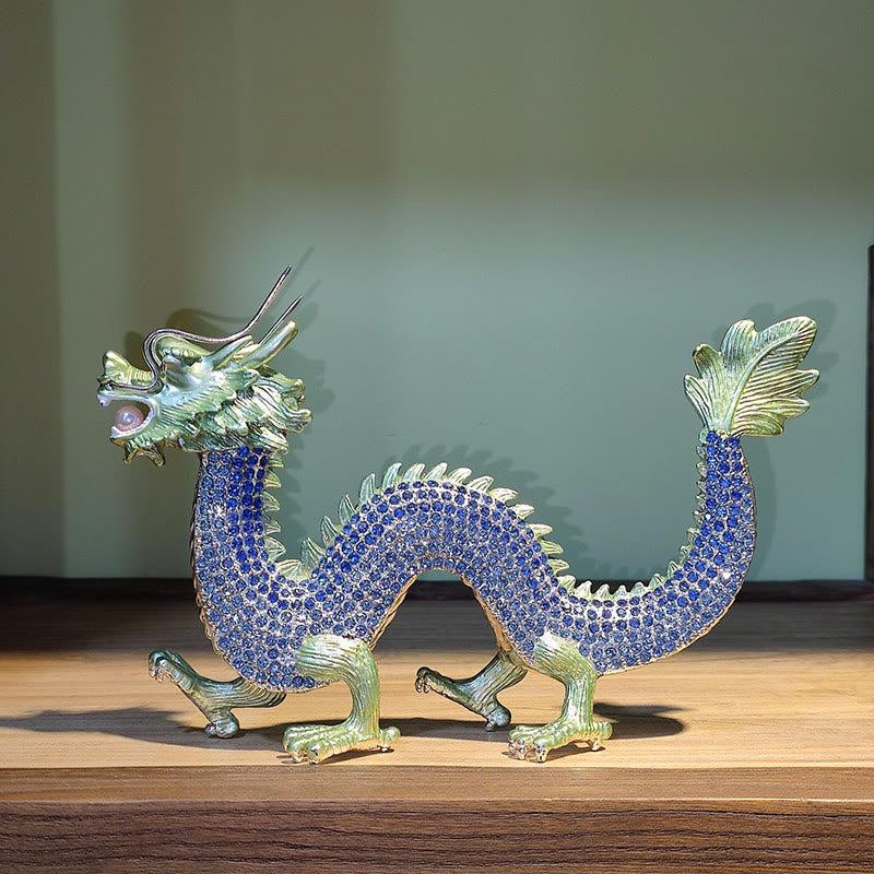 Handmade Feng Shui Dragon Decoration – Blue crystal dragon three-quarter view, pearl in mouth, on wood surface, Tranquil