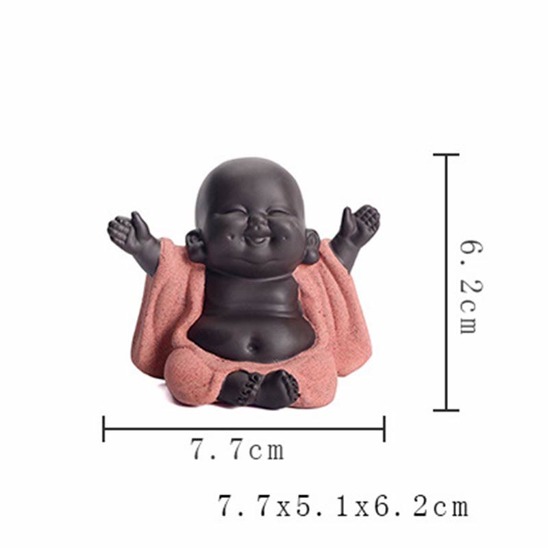 Laughing Buddha Purple Clay Maitreya Statue – low-angle front view showcasing open palms and navel detail, polished dark ceramic and textured coral robe