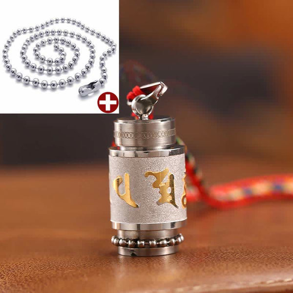 Om Mani Padme Hum Amulet – Two pendants with tassel, gold Tibetan text, steel finish