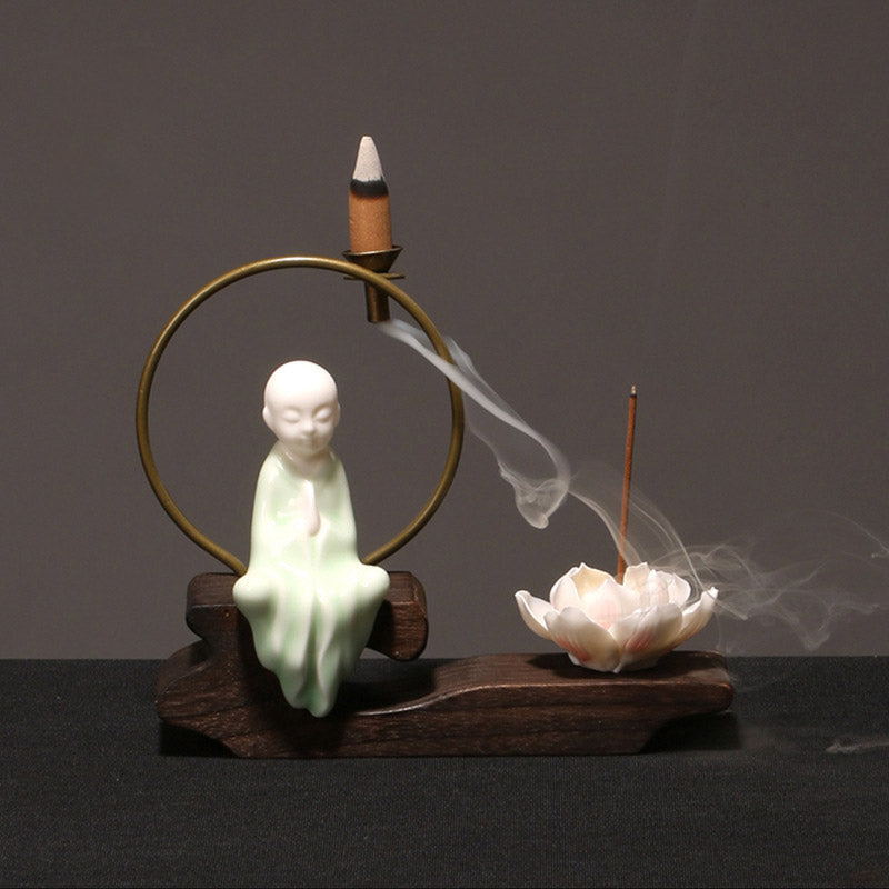 Ceramic Lotus Incense Burner – celadon side view, brass ring, lotus base, studio glow, peace