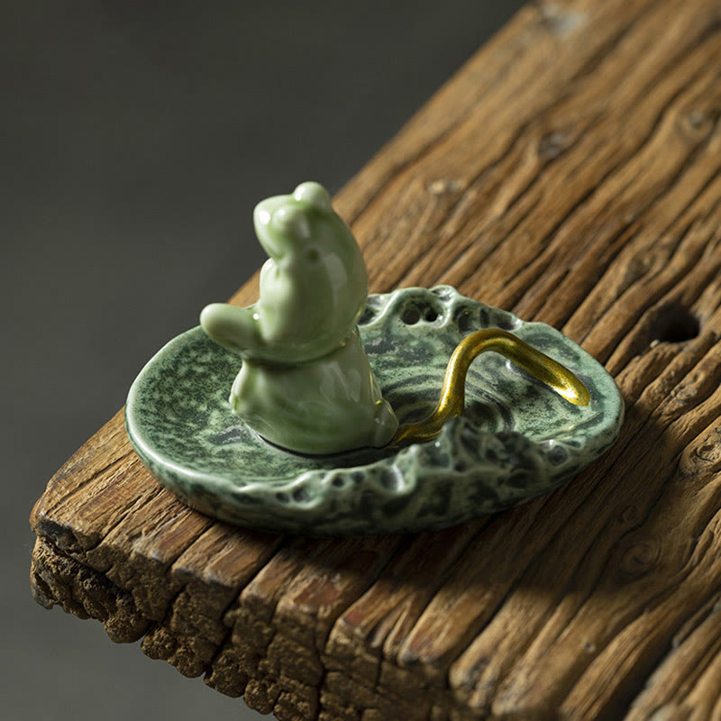 Ceramic Frog Incense Burner – Upward-gazing frog on lily pad, Gold loop, Serene