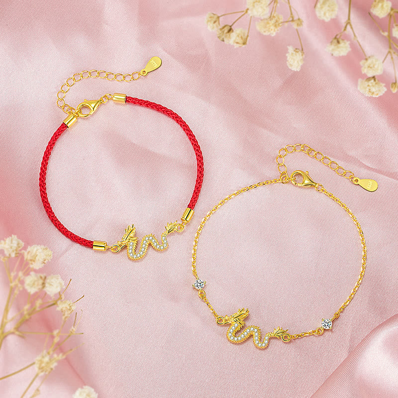 925 Silver Dragon Bracelet - Red cord and gold chain dragon pair on pink silk, gift set