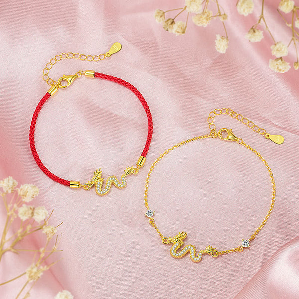 925 Silver Dragon Bracelet - Red cord and gold chain dragon pair on pink silk, gift set