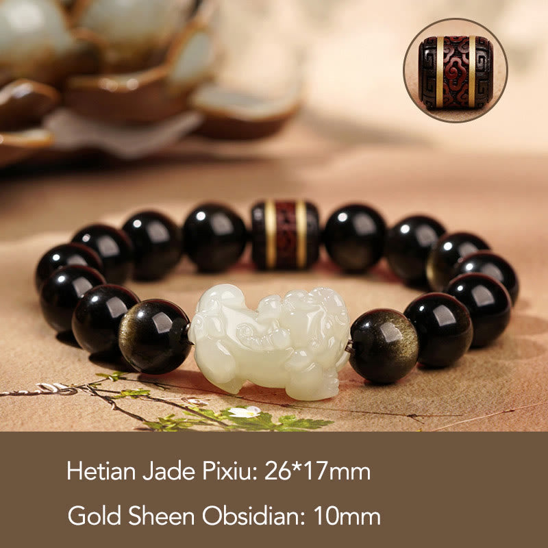Gold Sheen Obsidian Hetian Jade PiXiu Wealth Bracelet – White jade PiXiu 10mm obsidian with size overlay, classic