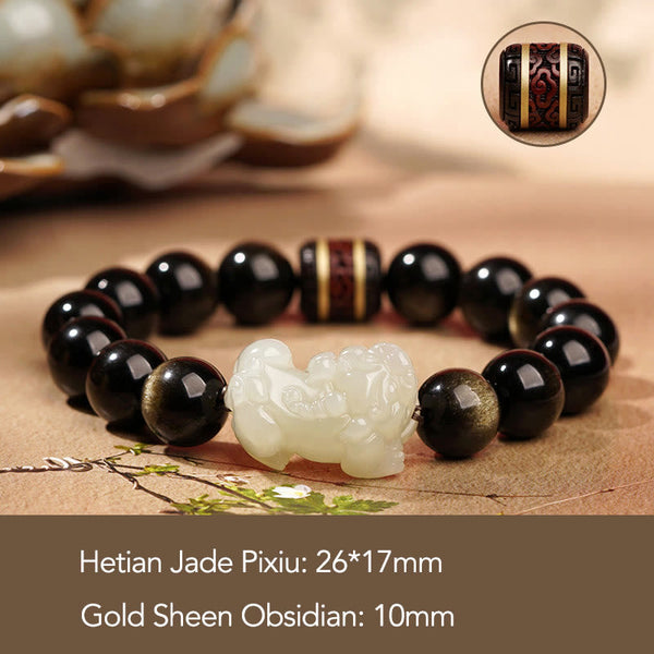 Gold Sheen Obsidian Hetian Jade PiXiu Wealth Bracelet – White jade PiXiu 10mm obsidian with size overlay, classic