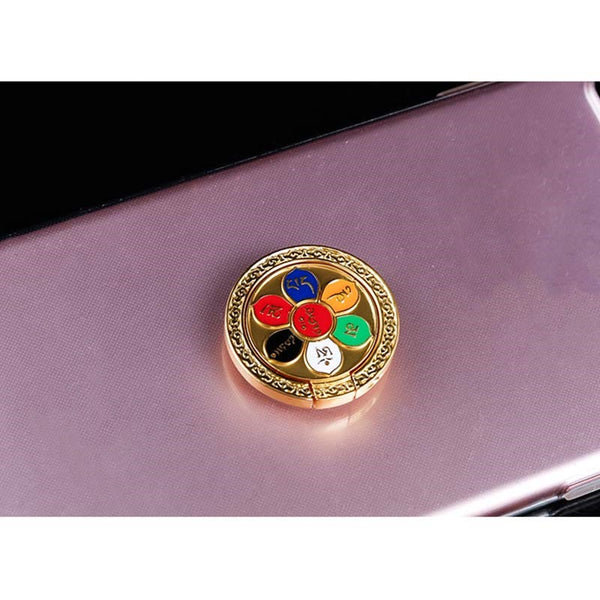 Om Mani Padme Hum Phone Ring Holder – Gold medallion with six-color mantra petals on rose surface, Buddhist pin