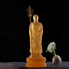 Ksitigarbha Liuli Crystal Figurine – Translucent crystal monk staff and wish jewel, serenity art