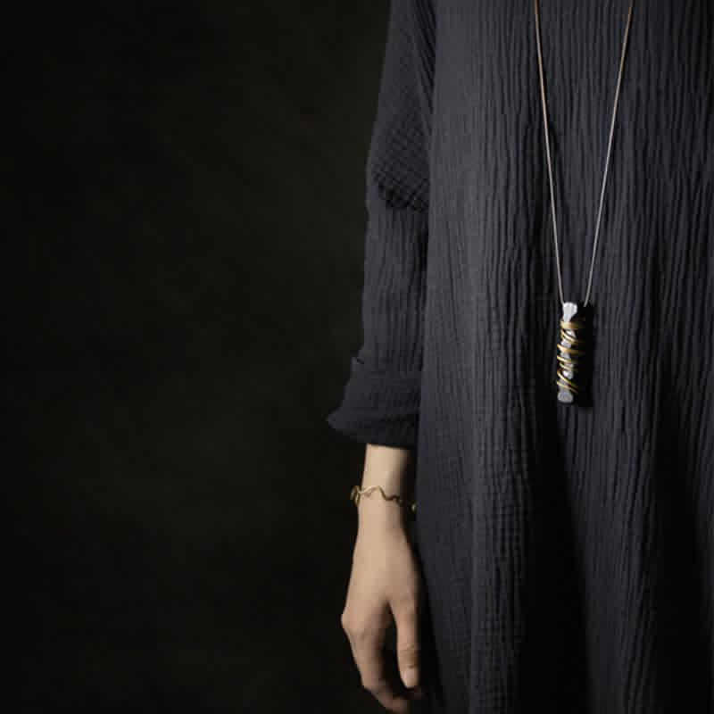 Ebony Wood Pendant Necklace – Wire wrapped stone pendant on model, artisan bohemian style