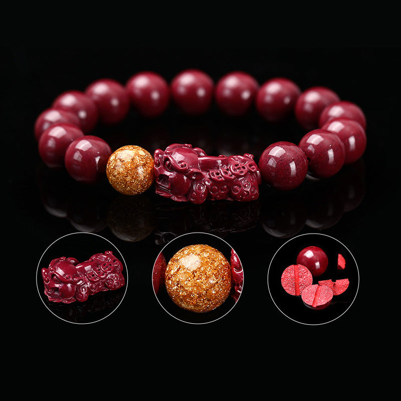 Tibetan Cinnabar PiXiu Bracelet – Bracelet with PiXiu, gold bead, and cinnabar cross-section insets, detail