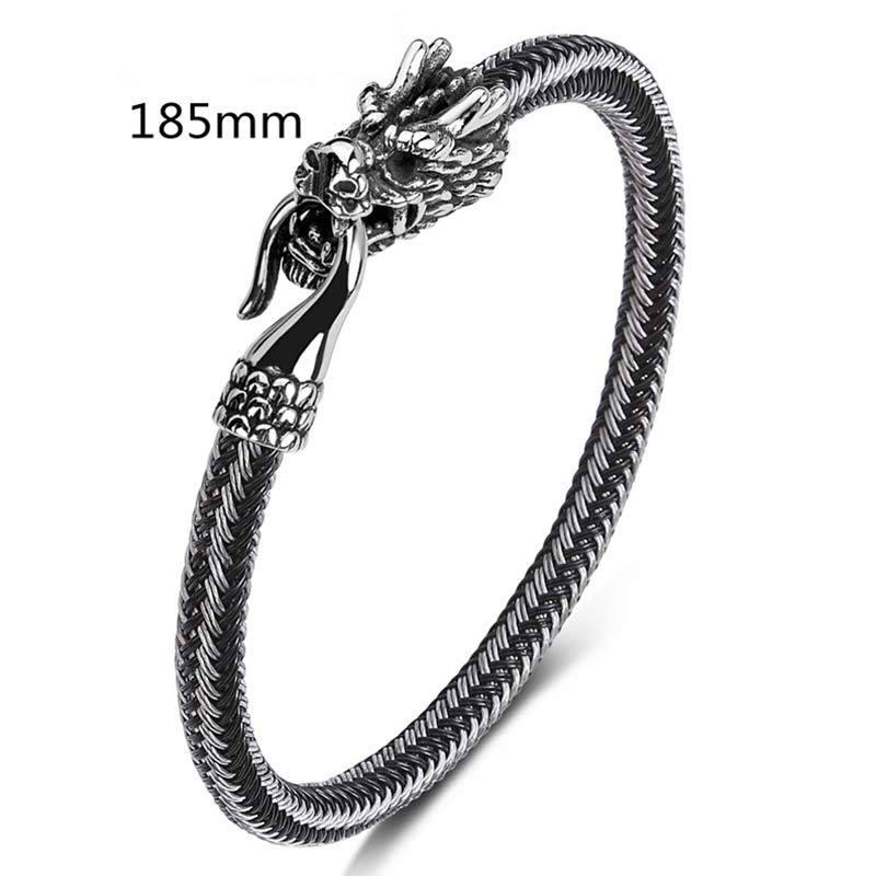 Dragon Protection Bracelet - Dragon head on silver woven cable, 185mm, Polished