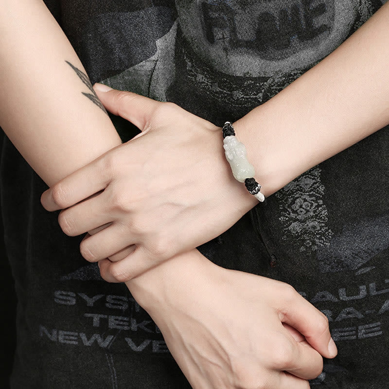 Natural Jade PiXiu Bracelet – two crossed arms matching bracelets, tattoo visible, jade bracelet couple