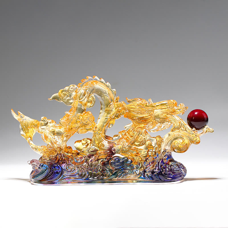 Handmade Dragon Liuli Crystal Art Piece - low angle, S-curve dragon on violet waves, auspicious