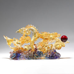 Handmade Dragon Liuli Crystal Art Piece - low angle, S-curve dragon on violet waves, auspicious