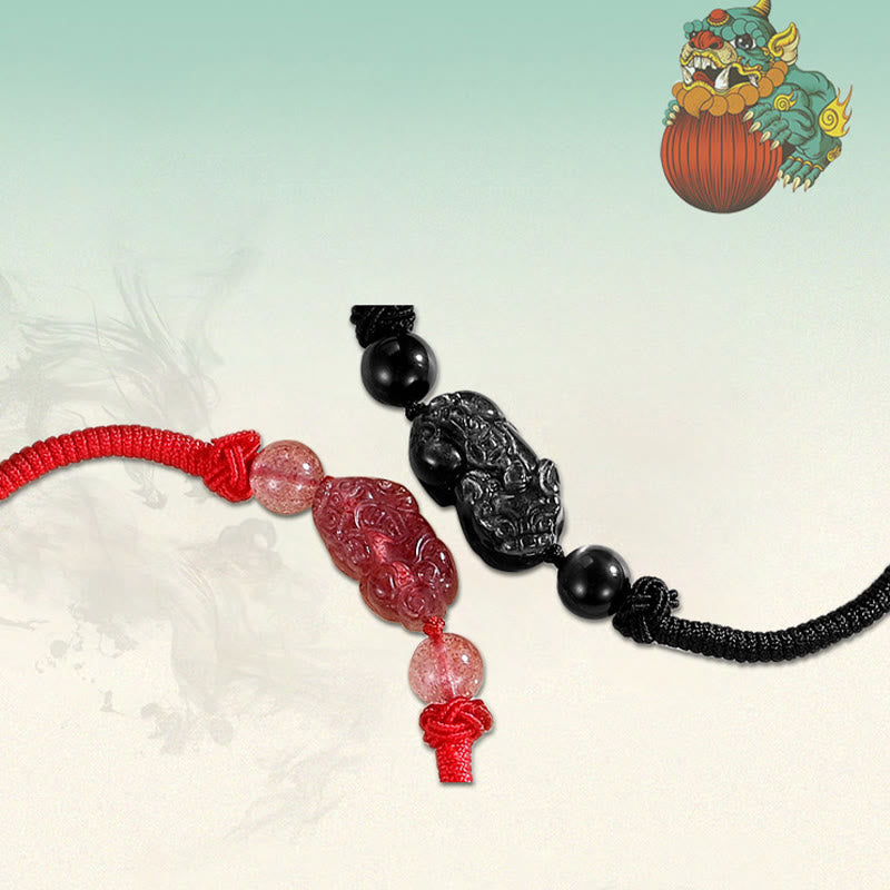 Silver Sheen Obsidian Bracelet – Couple bracelets with PiXiu illustration on cream