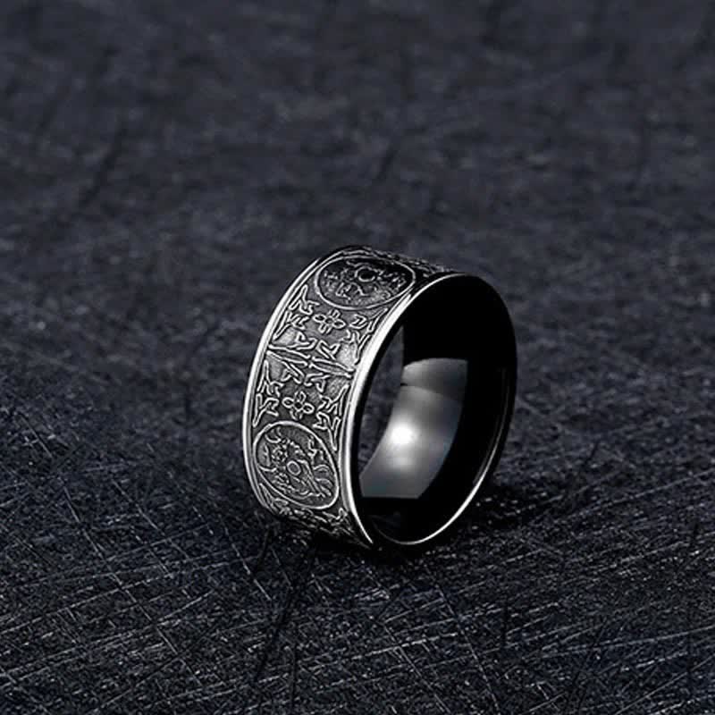 Four Guardian Beasts Ring – dual wolf medallions with runic patterns, Warrior