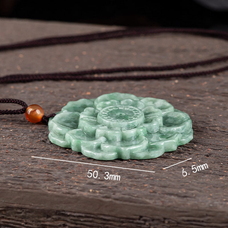 Jade Lotus Pendant Necklace – scalloped jade pendant with Sanskrit center on rustic wood, Zen