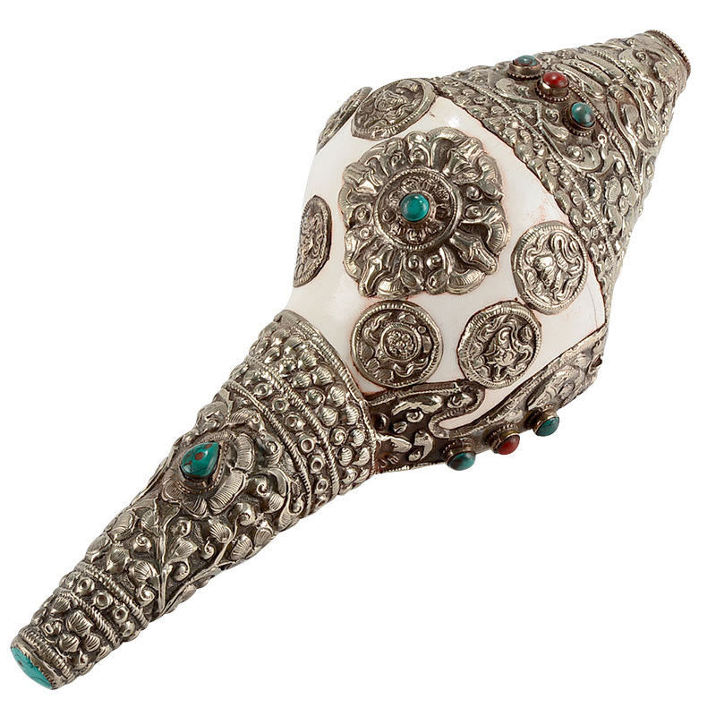 Tibetan Shankha Conch Shell Decoration – Five graduated conch shells on white, silver turquoise coral set, Collection