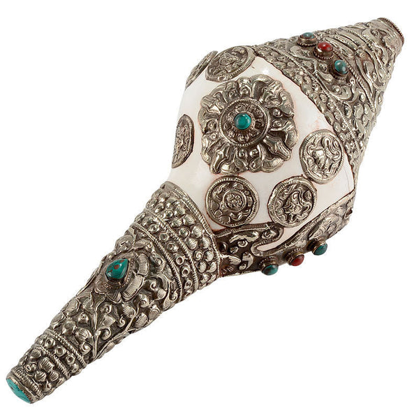 Tibetan Shankha Conch Shell Decoration – Five graduated conch shells on white, silver turquoise coral set, Collection