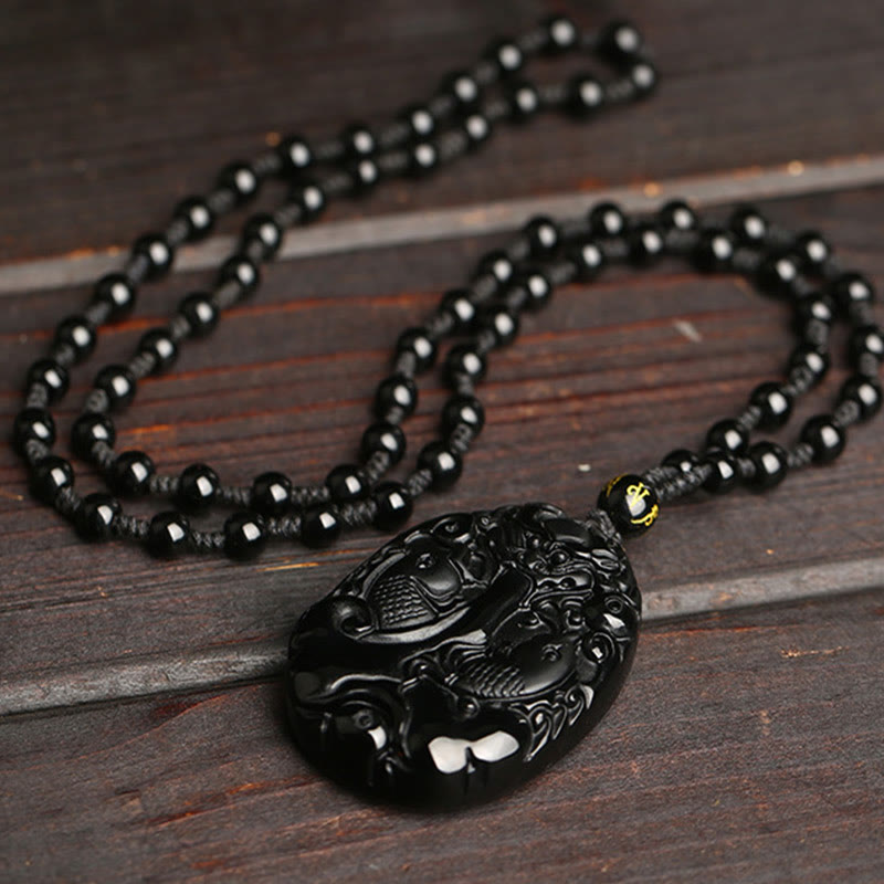 Black Obsidian Koi Fish Bead Rope Necklace – woven rope cord close-up, durable adjustable string necklace