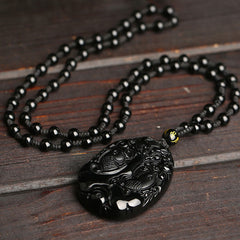 Black Obsidian Koi Fish Bead Rope Necklace – woven rope cord close-up, durable adjustable string necklace