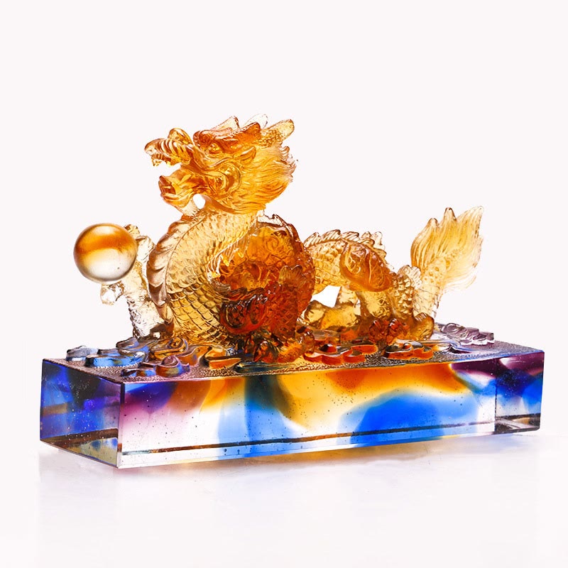 Multicolored Dragon Liuli Crystal – amber dragon on blue-purple base holding pearl, protection Main image