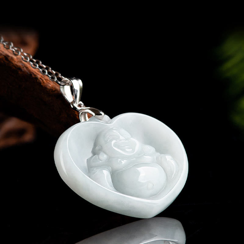 Laughing Buddha White Jade Luck Blessing Titanium Steel Necklace Pendant – Natural white stone monk luck necklace