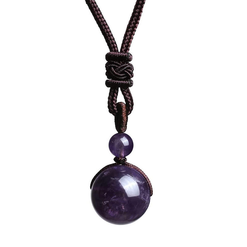 Tibetan Tiger Eye Obsidian Amethyst Protection Necklace – Large purple amethyst sphere pendant with smaller matching bead on dark brown cord