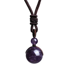 Tibetan Tiger Eye Obsidian Amethyst Protection Necklace – Large purple amethyst sphere pendant with smaller matching bead on dark brown cord