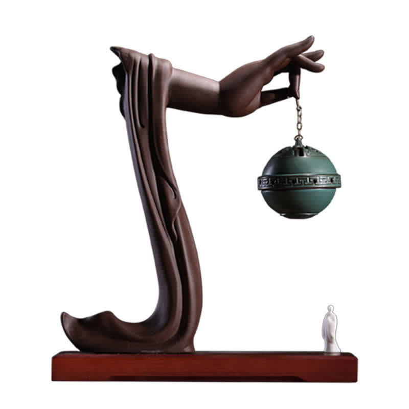 Tibetan Lotus Ceramic Incense Burner – white background view showing arm drapery and hanging teal censer, Zen