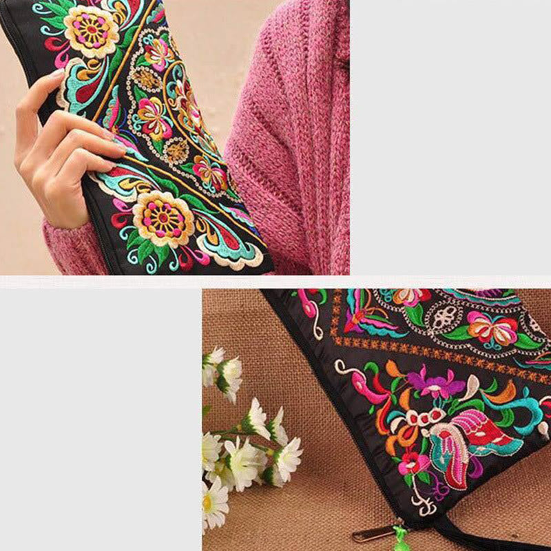 Dragon Butterfly Embroidery Wallet - Lifestyle and burlap detail shot, pink sweater, Everyday