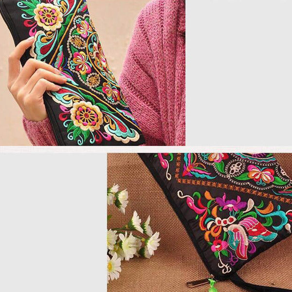 Dragon Butterfly Embroidery Wallet - Lifestyle and burlap detail shot, pink sweater, Everyday