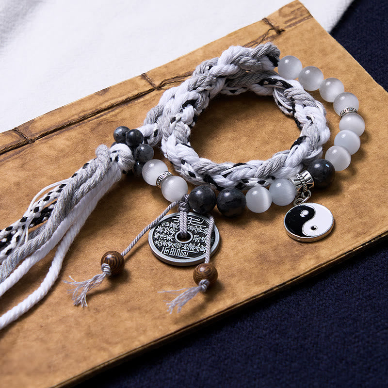 Mountain Ghost Yin Yang Bracelet - layered bead and cord set with coin pendant, boho beaded bracelet