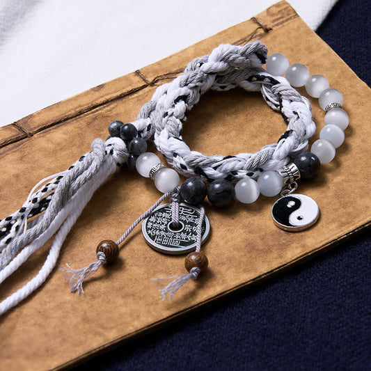 Mountain Ghost Yin Yang Bracelet - layered bead and cord set with coin pendant, boho beaded bracelet