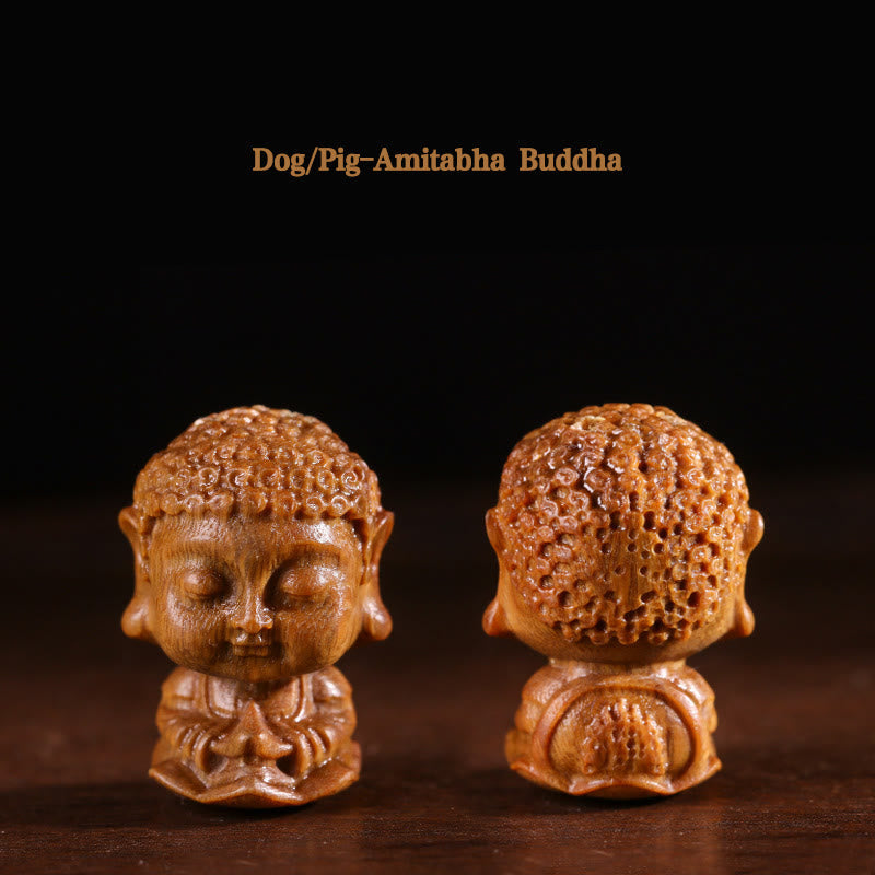 Chinese Zodiac Green Sandalwood Buddha – Dog Pig Amitabha dual angle with openwork, Blessing
