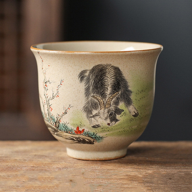 Chinese Zodiac Ceramic Teacup - grazing goat zodiac cup with prunus branch, artisan stoneware