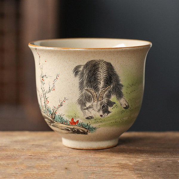 Chinese Zodiac Ceramic Teacup - grazing goat zodiac cup with prunus branch, artisan stoneware